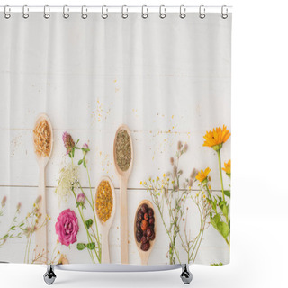 Personality  Top View Of Herbs In Spoons And Flowers On White Wooden Background, Naturopathy Concept Shower Curtains