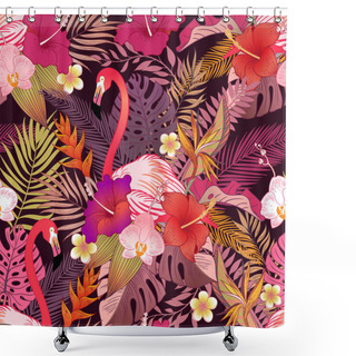 Personality  Beautiful Tropical Exotic Parrot Birds And Jungle Flowers. Vector Seamless Pattern.  Shower Curtains