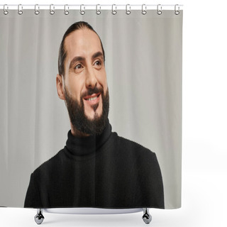 Personality  Portrait Of Happy And Handsome Arabic Man With Beard Posing In Black Turtleneck On Grey Backdrop Shower Curtains