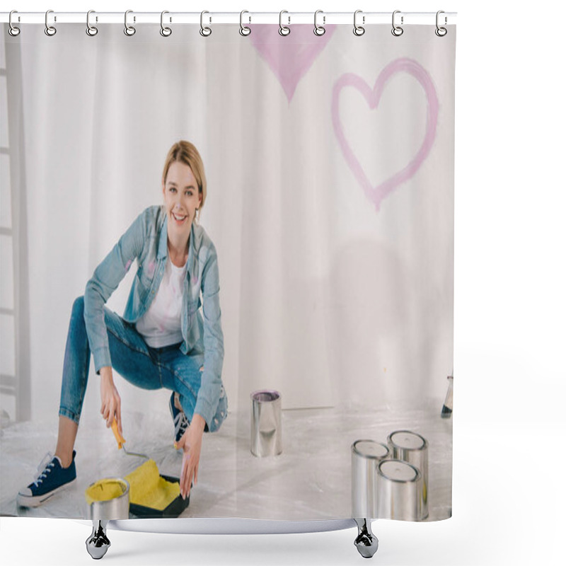 Personality  Beautiful Young Woman Holding Paint Roller And Roller Tray With Yellow Paint While Smiling At Camera Shower Curtains