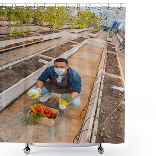 Personality  African American Farmer In Medical Mask Holding Organic Vegetables In Greenhouse  Shower Curtains