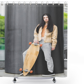 Personality  Calm Brunette Woman With Skateboard Standing On Rooftop, Looking At Camera Shower Curtains
