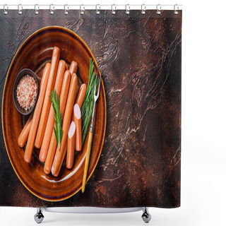 Personality  Frankfurter Raw Sausages In A Rustic Plate With Herbs. Dark Background. Top View. Copy Space Shower Curtains