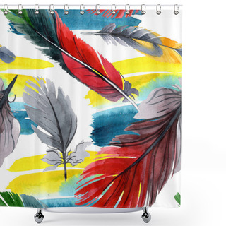 Personality  Colorful Bird Feather From Wing Isolated. Watercolour Drawing Fashion Aquarelle. Fabric Wallpaper Print Texture. Shower Curtains