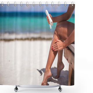 Personality  Young Woman Apply Cream On Her Smooth Tanned Legs On Tropical Beac Shower Curtains