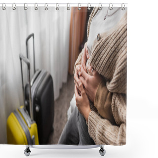 Personality  Cropped View Of Man Hugging Woman Near Blurred Travel Bags In Hotel Apartments Shower Curtains