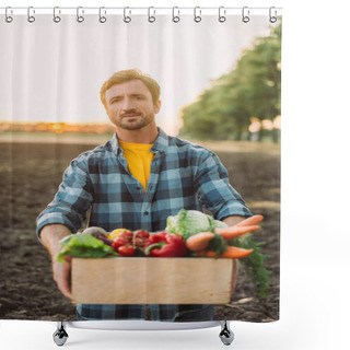 Personality  Selective Focus Of Farmer In Plaid Shirt Holding Wooden Box With Ripe Vegetables While Looking At Camera Shower Curtains