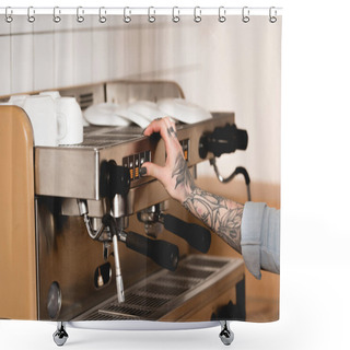 Personality  Cropped View Of Tattooed Barista Preparing Coffee On Espresso Machine Shower Curtains