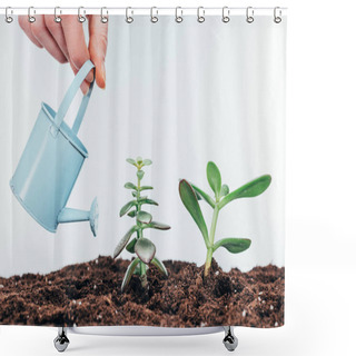 Personality  Cropped Shot Of Hand Holding Watering Can And Beautiful Green Plants Growing In Soil Shower Curtains