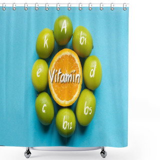 Personality  Top View Of Ripe Orange And Limes Arranged In Circle On Blue Background, Vitamins Illustration Shower Curtains