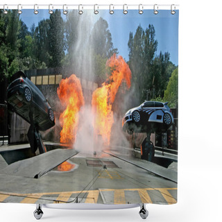 Personality  Universal Studios Tram Tour Stunt Cars Shower Curtains