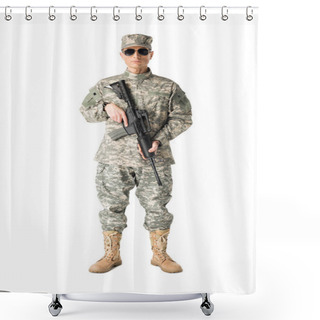 Personality  Serious Army Soldier With Gun Isolated On White Shower Curtains