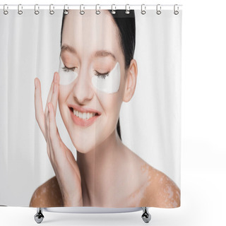 Personality  Smiling Young Beautiful Woman With Vitiligo And Eye Patches On Face Isolated On White Shower Curtains