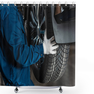Personality  Cropped View Of Mechanic Installing New Tire On Car Shower Curtains