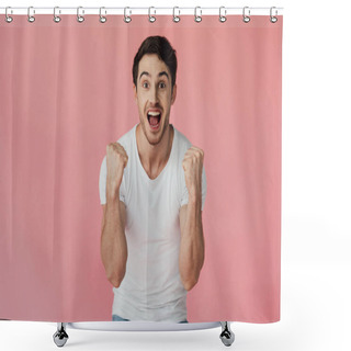 Personality  Front View Of Excited Muscular Man In White T-shirt Showing Yes Gesture Isolated On Pink Shower Curtains