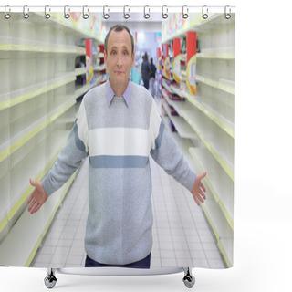 Personality  Elderly Man Stands Between Empty Shelves In Shop With Dissolved Shower Curtains