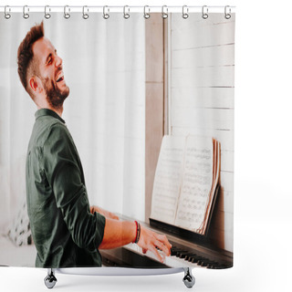 Personality  Young Man Playing Electric Piano At Home Shower Curtains