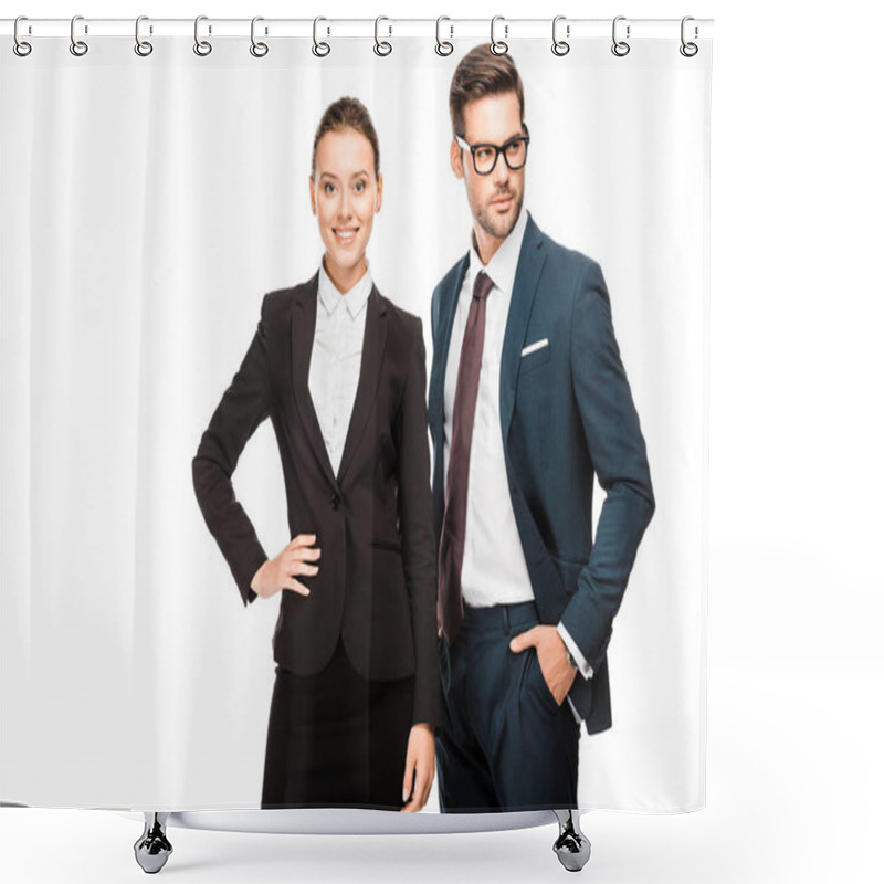 Personality  Attractive Young Business Partners In Stylish Suits Isolated On White Shower Curtains