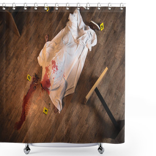 Personality  Top View Dead Body Covered With White Sheet At Crime Scene Shower Curtains