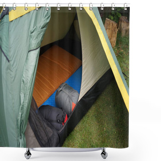 Personality  Close Up Look Into A Camping Tent With Sleeping Bags And Self Inflatable Sleeping Pads      Shower Curtains