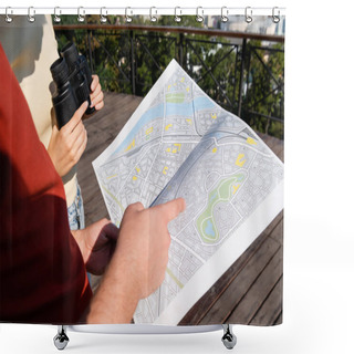 Personality  Cropped View Of Tourist Pointing At Map Near Girlfriend With Binoculars Outdoors  Shower Curtains