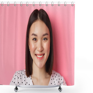 Personality  Beauty And Lifestyle Concept. Headshot Of Beautiful Asian Woman Smiling, Looking At Camera Happy And Romantic, Standing Against Pink Background Shower Curtains