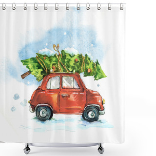 Personality  Watercolor Greeting Card With Red Retro Car Shower Curtains
