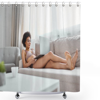 Personality  Relaxed African American Woman In Lingerie And Glasses Working Remotely On Laptop In Living Room Shower Curtains