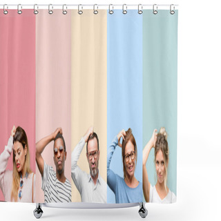 Personality  Mixed Group Of People, Women And Men Doubt Expression, Confuse And Wonder Concept, Uncertain Future Shower Curtains