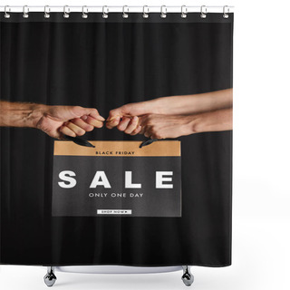 Personality  Partial View Of Woman And Man Holding Paper Shopping Bag With Sale Only One Day Illustration Isolated On Black, Black Friday Concept Shower Curtains