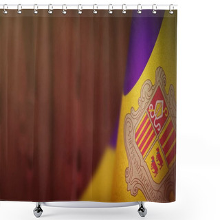 Personality  Andorra Flag For Honour Of Veterans Day Or Memorial Day. Glory To The Andorra Heroes Of War Concept On Red Blurred Natural Wood Wall Background. Shower Curtains