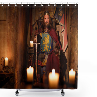 Personality  Medieval King On Throne In Ancient Castle Interior. Shower Curtains