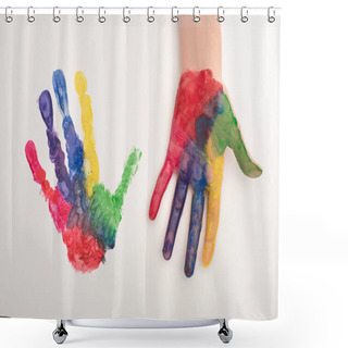 Personality  Cropped View Of Female Hand With Colorful Handprint On White For World Autism Awareness Day Shower Curtains