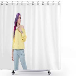 Personality  Beautiful Young Woman With Colorful Hair And Headphones Hanging On Neck Isolated On White Shower Curtains