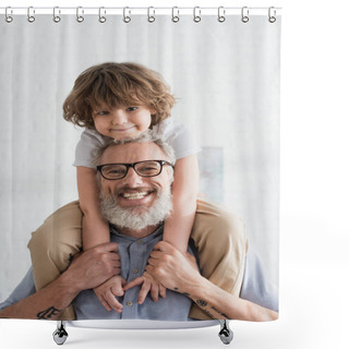 Personality  Cheerful Boy And Grandfather Smiling At Camera  Shower Curtains