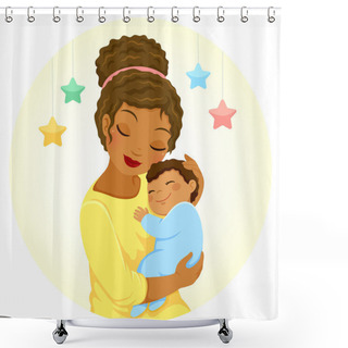 Personality  Young Mother Of Black Ethnicity Hugging A Smiling Baby Boy Shower Curtains
