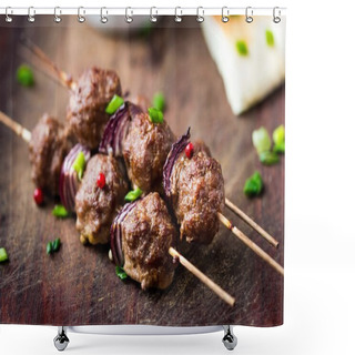Personality  Meat Kebab, Beef Balls On Skewer With Onions, Sauce Guacamole Shower Curtains