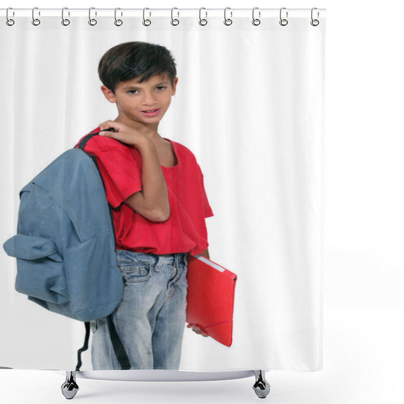 Personality  Little Schoolboy Holding A Backpack And A File Folder Shower Curtains