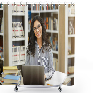 Personality  Smiling Latina Girl Using Laptop In Modern Library Shower Curtains