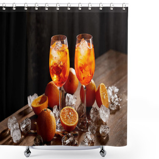 Personality  Aperol Spritz In Glasses, Oranges And Ice Cubes On Black Background  Shower Curtains