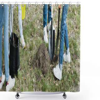 Personality  Cropped View Of Father And Son Digging Ground Near Mother And Daughter With Young Tree, Ecology Concept, Banner Shower Curtains
