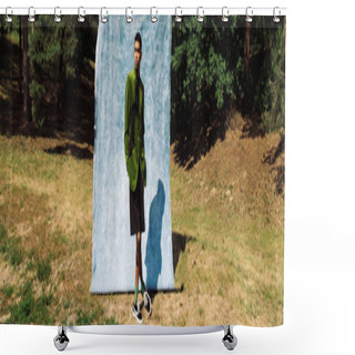 Personality  Full Length Of African American Man In Green Blazer And Black Shorts Standing Near Blue Cloth In Forest, Banner Shower Curtains