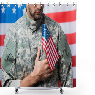 Personality  Cropped View Of Patriotic Military Man In Uniform Holding Small American Flag On Blurred Background Shower Curtains