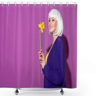 Personality  Inspired Girl In White Wig Holding Flower And Smiling On Purple Background Shower Curtains