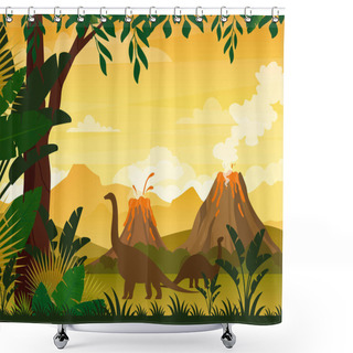 Personality  Vector Illustration Of Beautiful Prehistoric Landscape And Dinosaurs. Tropical Trees And Plants, Mountains With Volcano In Flat Cartoon Style. Shower Curtains