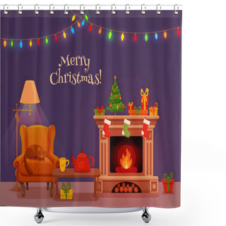 Personality  Christmas Room Interior In Colorful Cartoon Flat Style. Shower Curtains