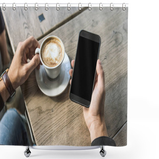 Personality  Cropped Shot Of Man With Cup Of Cappuccino Using Smartphone With Blank Screen Shower Curtains