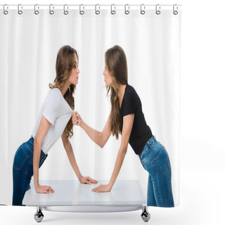 Personality  Side View Of Angry Twin Holding Sisters Shirt Isolated On White Shower Curtains