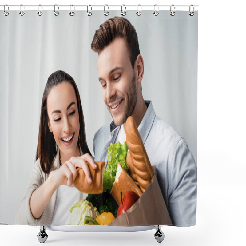 Personality  Young Couple With Grocery Bag Shower Curtains