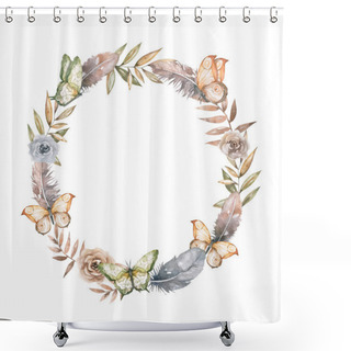 Personality  Beautiful Watercolor Spring Wreath With Doves, Butterflies, Feathers And Flowers In Vintage Style With Love Shower Curtains